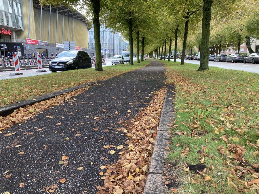 Bike path in Lille with grass and trees on both sides. And streets outside those.