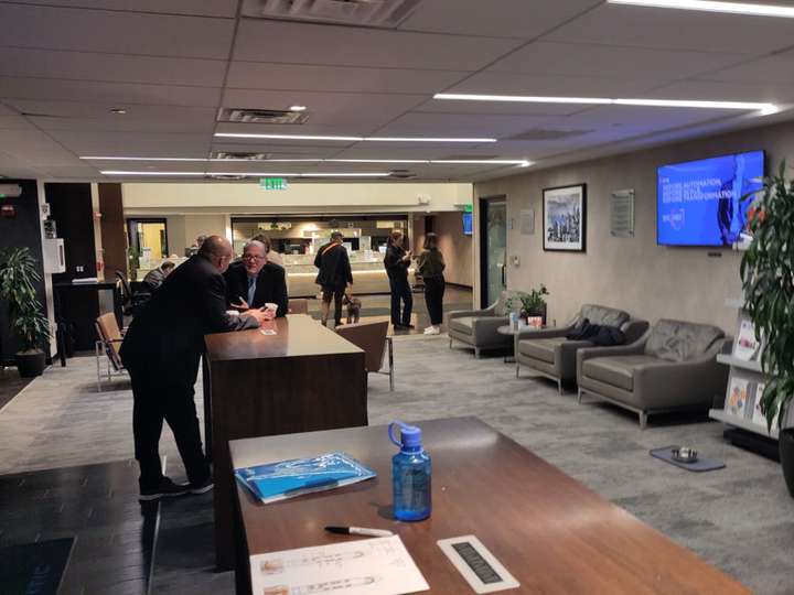 A wide shot of the boarding lounge