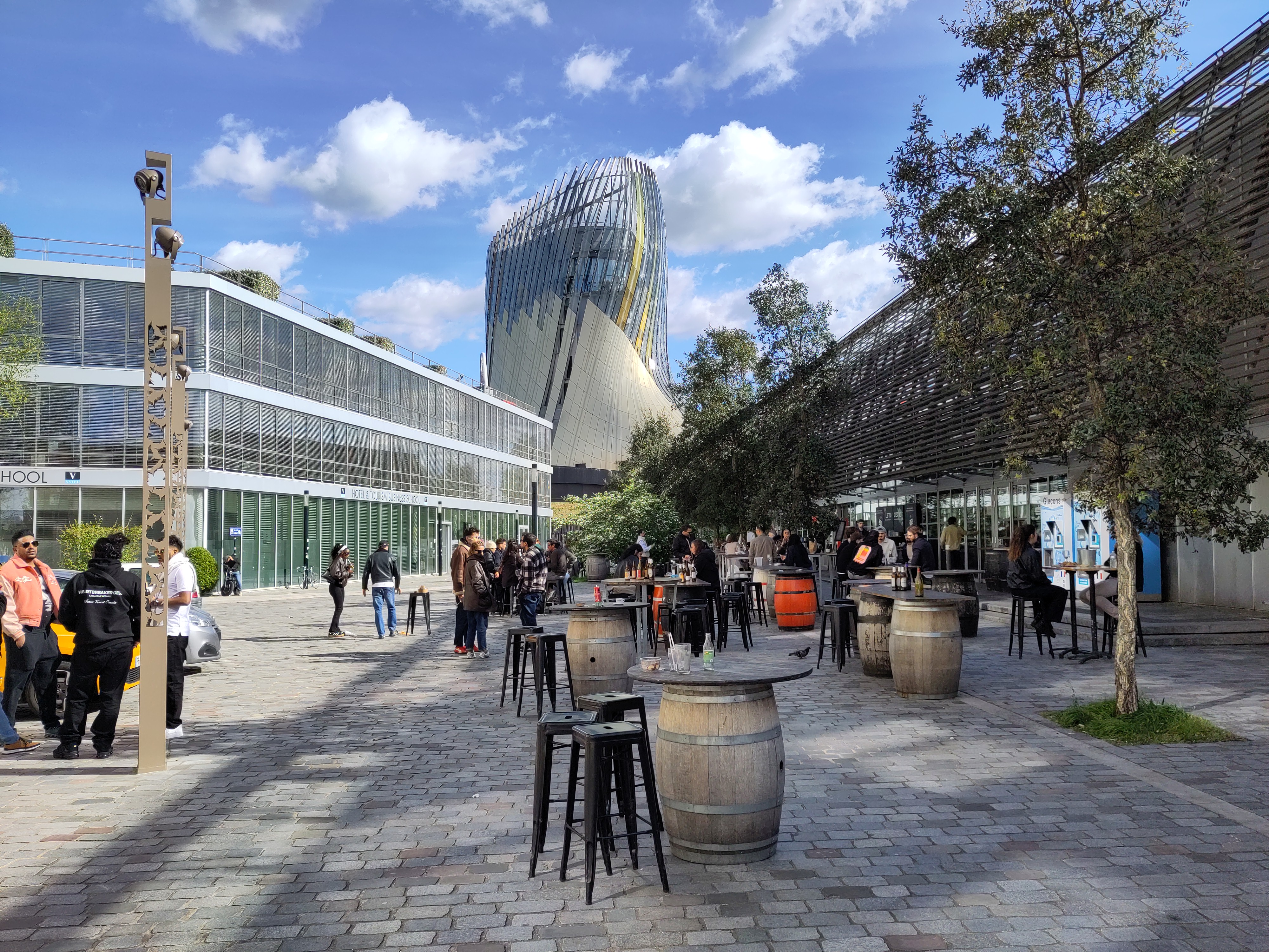 View of wine museum in background of market